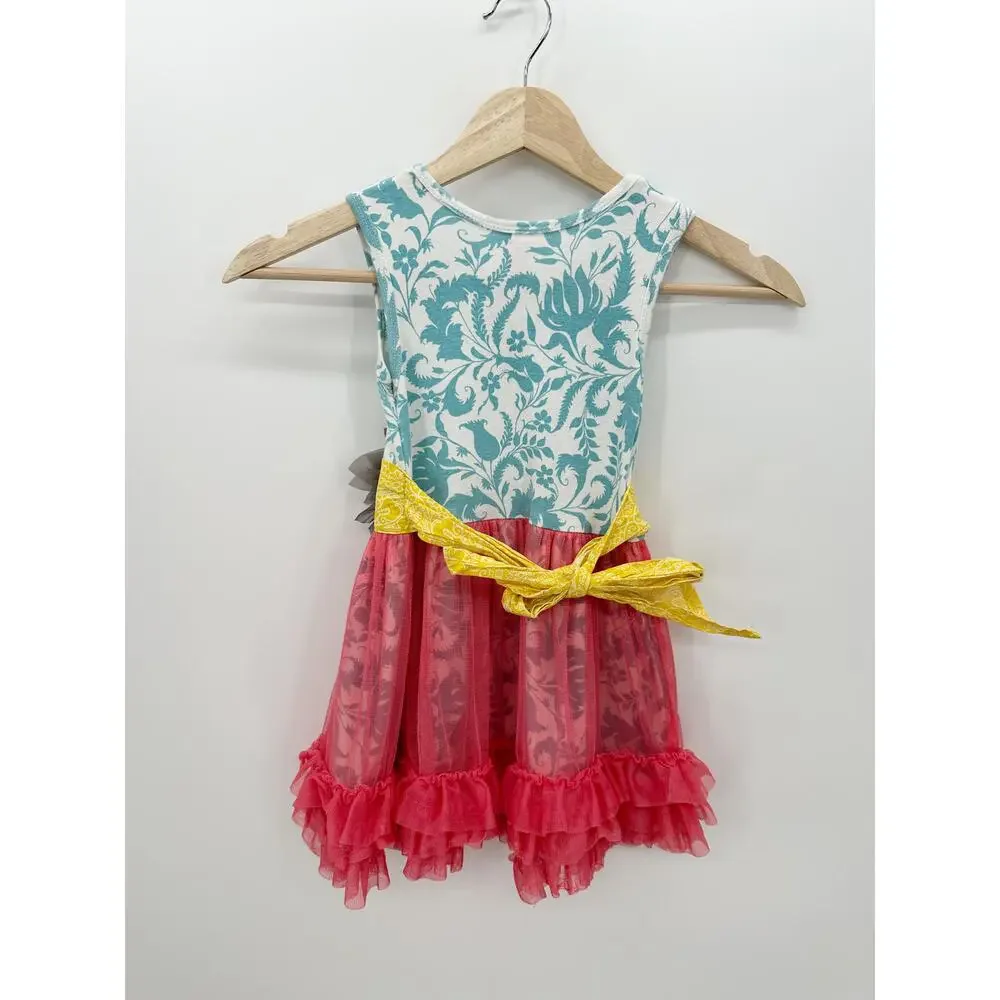 Giggle‎ Moon Girls Ruffle Floral Dress Sleeveless Pink Teal Yellow Size 5 HM10
